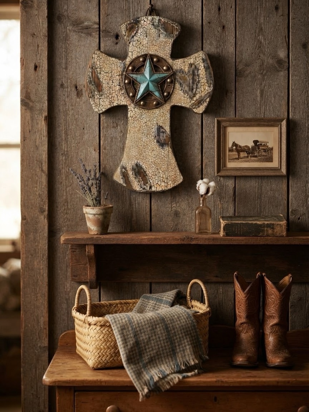 Distressed Western Cross wall decor with a turquoise star accent